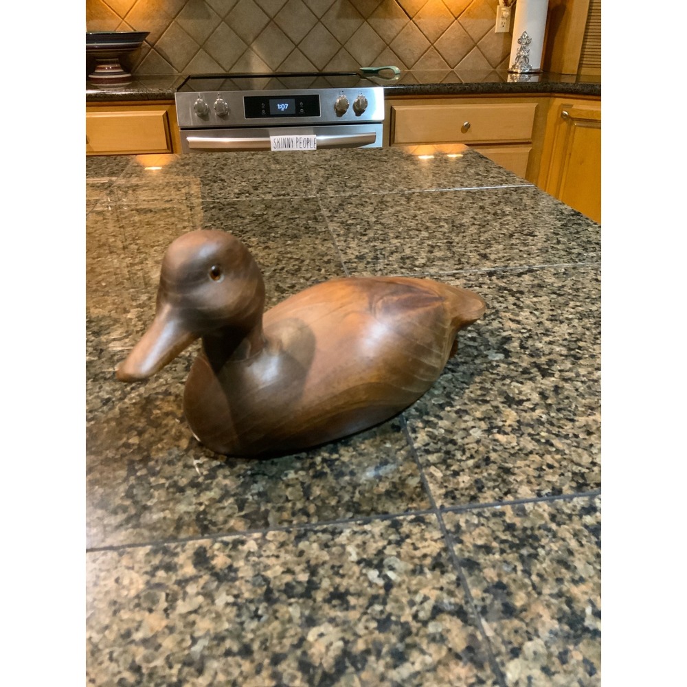 Vintage Hand Carved Wooden Duck Decoy Figurine Glass Eyes Waterfowl Decor